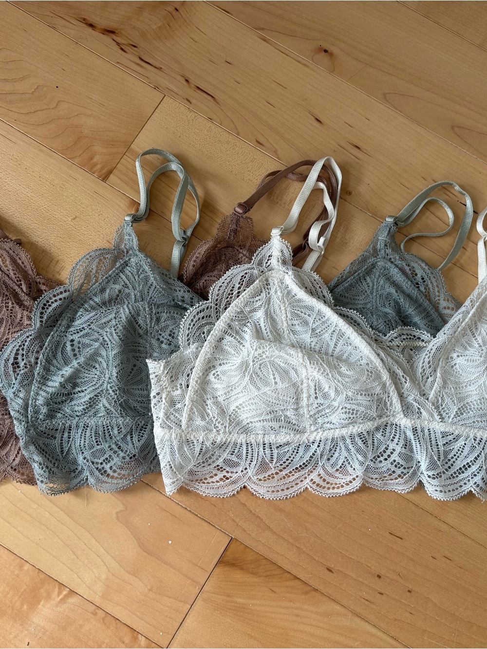 Aritzia Lace Bralette Set in Cream, Sage, and Taupe